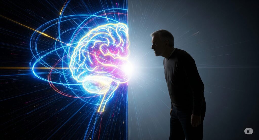 光り輝くAIの脳と、それを見て少し不安げな表情を浮かべる男性のシルエットを対比させたイラスト