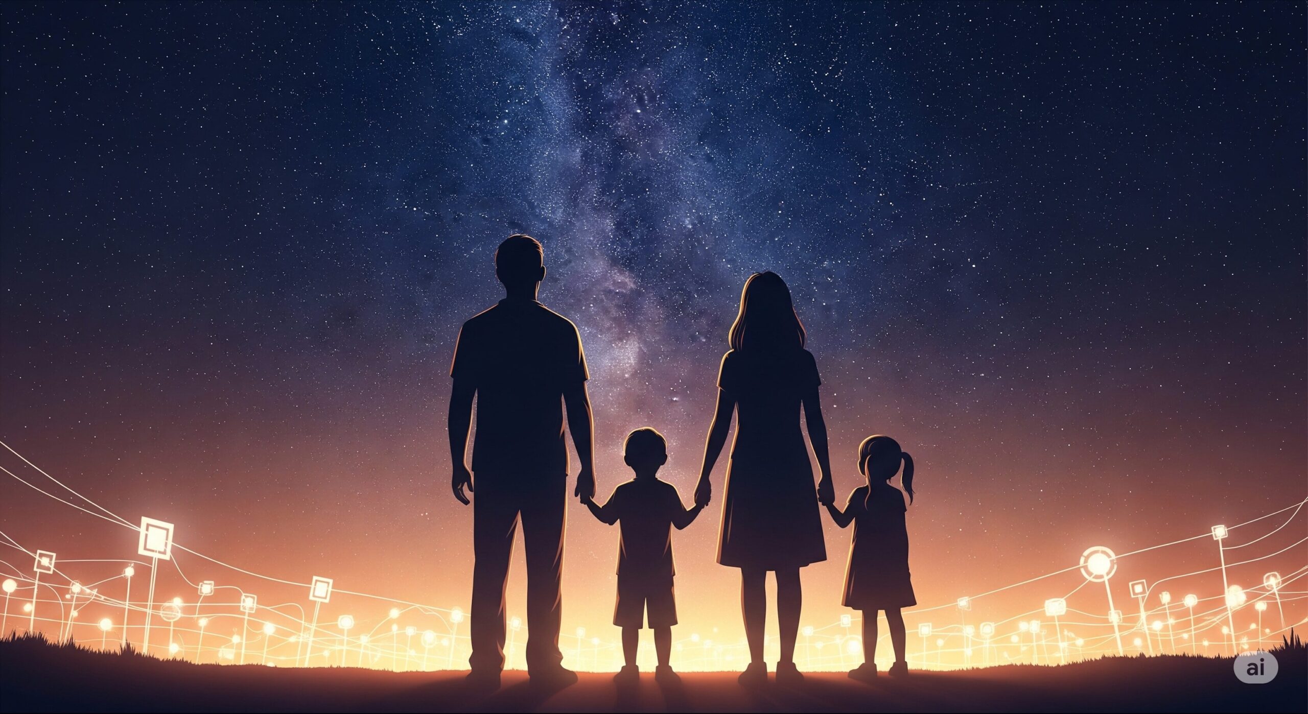 父、母、二人の子供の4人家族が、満点の星空を見上げている後ろ姿のシルエット