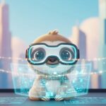 未来的なゴーグルをかけたナマケモノのキャラクターが、AIの設計図を見ている様子のイラスト