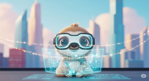 未来的なゴーグルをかけたナマケモノのキャラクターが、AIの設計図を見ている様子のイラスト