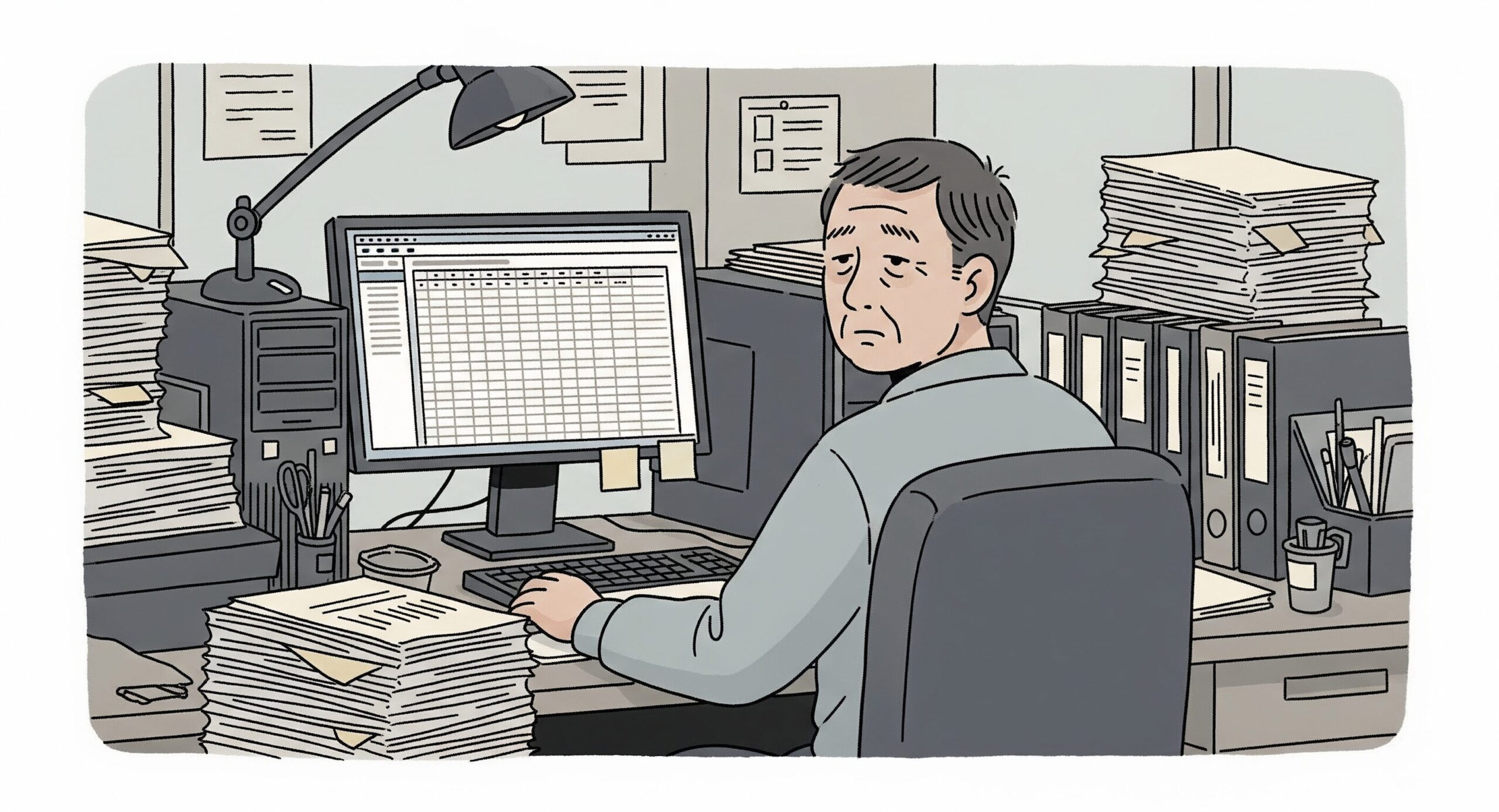 大量の書類に囲まれ、パソコンの前で疲れた表情で座っている会社員のイラスト