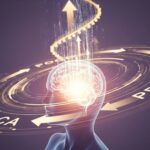 AIが人間の学習と成長を加速させる強力なブースターであることを示す、未来的なイメージ。人間の脳のシルエットから光が発せられ、PDCAサイクルを表す回転する円と上向きの矢印が描かれている。