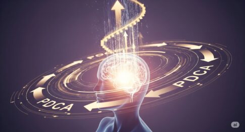 AIが人間の学習と成長を加速させる強力なブースターであることを示す、未来的なイメージ。人間の脳のシルエットから光が発せられ、PDCAサイクルを表す回転する円と上向きの矢印が描かれている。